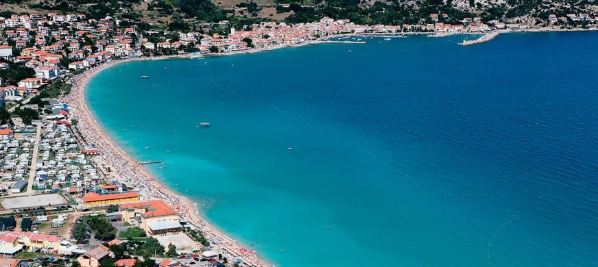 Aerial view of Baška bay and beach, island of Krk